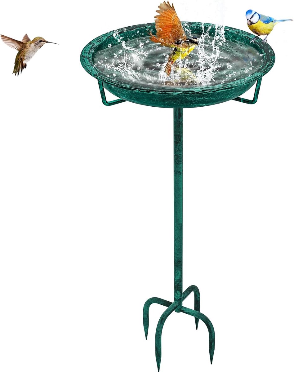 Vogelbad voor buiten, metalen tuinvogelbad voor buiten met 4-punts basisstake, vogelvoeder voor tuin, gazon, decoratie (retro groen)