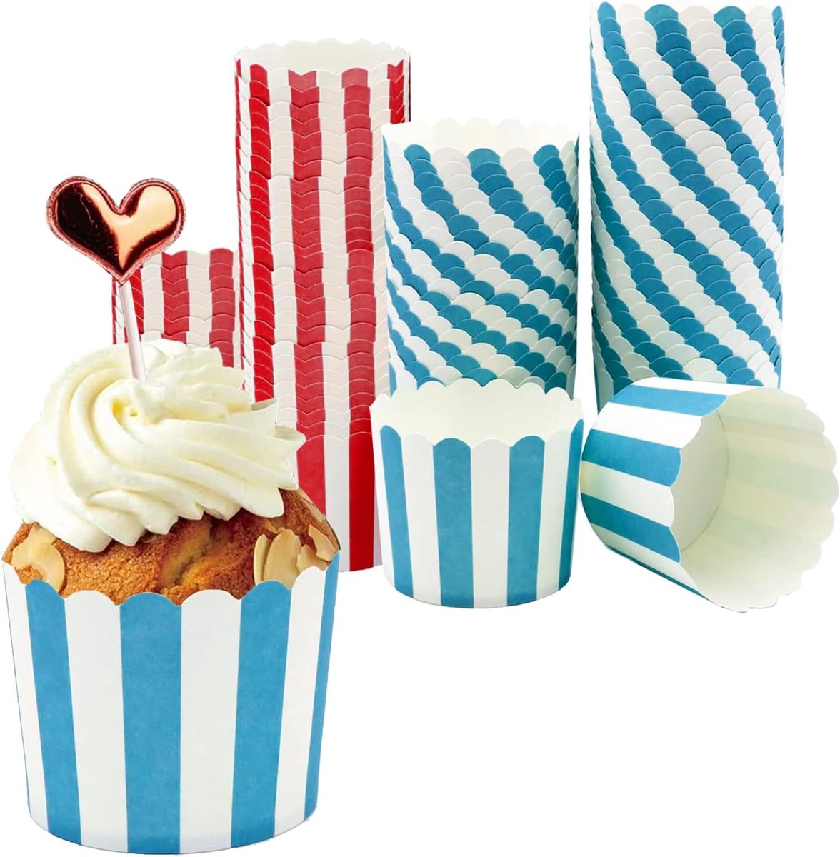 Papieren vormpjes, 100 stuks, rood en blauw cupcake-inpakpapier, muffinvormpjes papier, voor Halloween, verjaardagen, bruiloften, feesten (strepen)