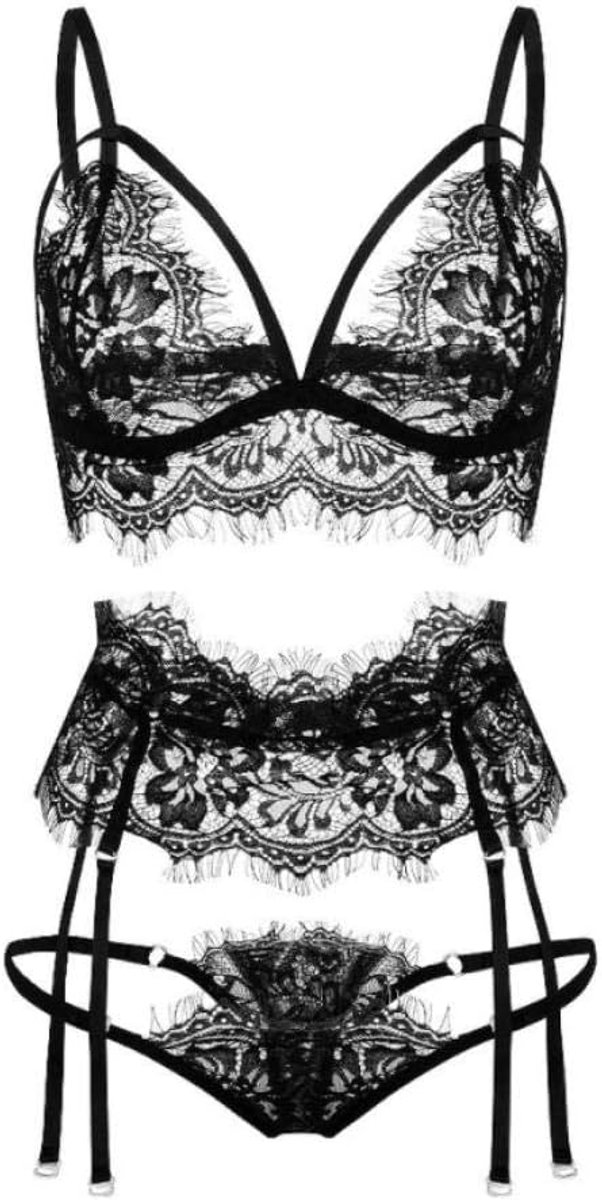Lingerie Dameslingerie Porno Erotische Dames Lingerie String Verleiding Bandage Perspectief Sexy Kanten Beha G-string Kousenband Ondergoed Set-Black_XL