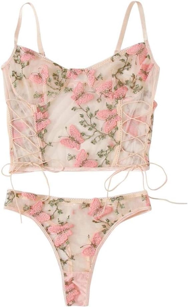 Dames Sexy Lingerie Vrouwen Verleiding Draadloze Beha String Kostuum Porno Hol Kant Sex Nachtkleding Embroidery-Pink_XL