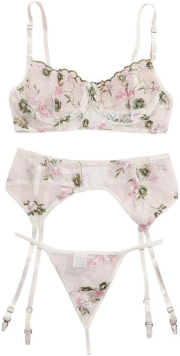 Lingerie Dameslingerie 3 ST Vrouwen Erotische Lingerie Kanten Beha Borduurwerk G-String Kousenband Verleiding Ondergoed See Through Sexy Lingerie Set