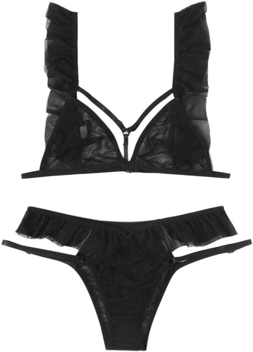 Babydolls, nachtjaponnen & negligés dames 2 ST Sexy Vrouwen Lingerie Kanten Beha + String Ondergoed Erotische Porno Thong Verleiding Perspectief Dames Sex Nachtkleding Set-Black_XL