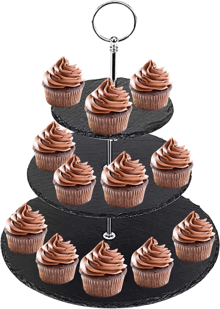 Taartstandaard, leisteen, etagère, 3 etages, Ø 15/20/25 cm, leisteen, serveerstandaard, rond, cupcake-standaard voor bruiloft, verjaardagsfeest, tafeldecoratie, brunch accessoires