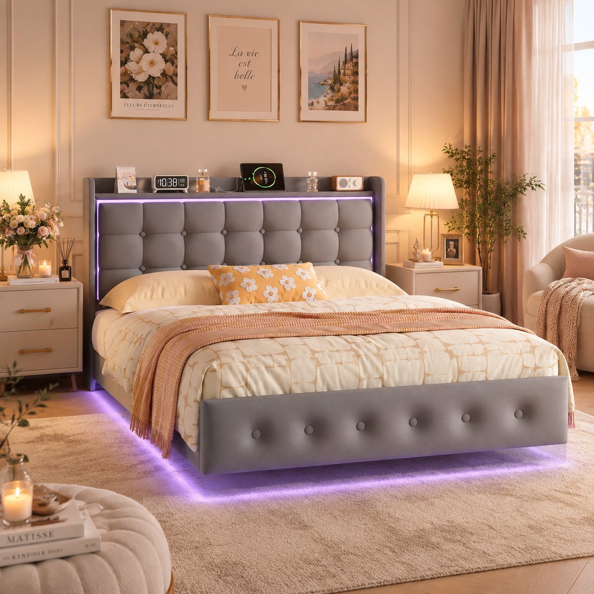 MEXUS Gestoffeerd Tweepersoonsbed 140x200 cm met led- en usb-aansluiting, bedframe 140x200 met lattenbodem, zwevend bed 140x200 met gestoffeerd hoofdbord, bed voor volwassenen en tieners, fluweel donkerGrijs