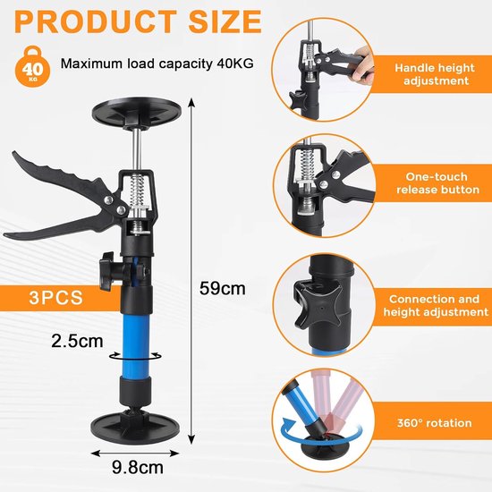 3 stuks plafondsteun telescoopstang, telescopische deursteun, maximale belasting 40 kg, rek 30-59 cm, voor kasten, deurkozijnen — afbeelding 2