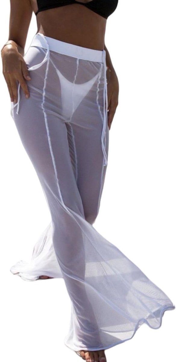 Transparante mesh-broek, hoge taille, brede pijpen, strandbroek, transparante broek, bikini-cover-up, broek, doorzichtige slagbroek, mesh, lange zomerbroek, elegante netbroek
