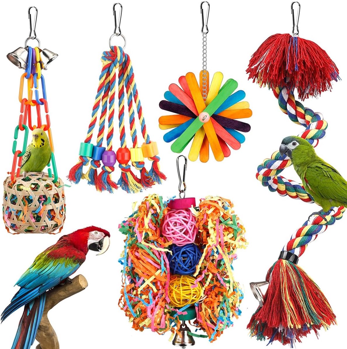Speelgoed touw baars met bel kleurrijke vogel kauwen versnipperen foerageren speelgoed papegaai schommel klimmen staand hangend speelgoed kooi accessoires voor Conure Valkparkiet Budgies Lovebird