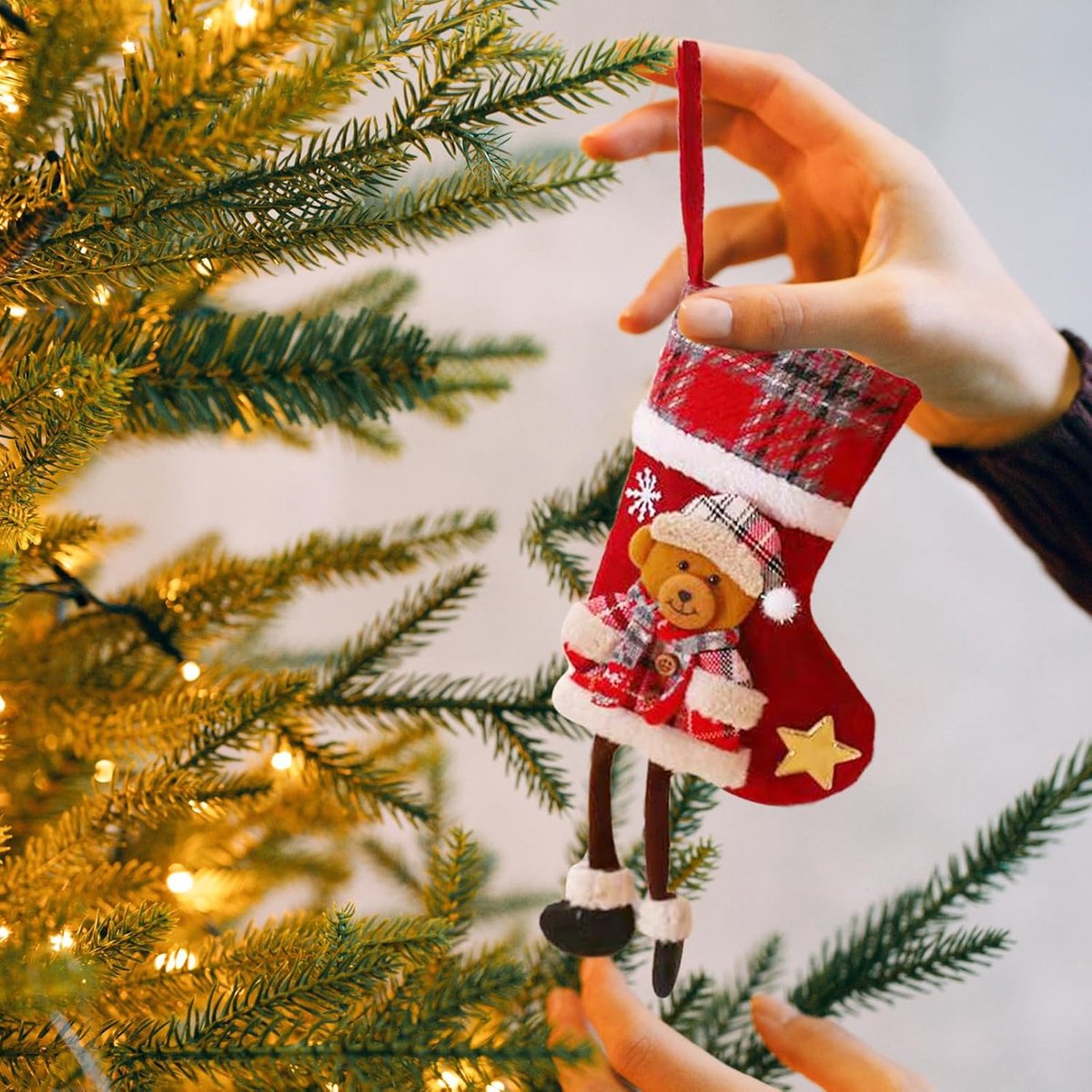 Kerstsokken om op te hangen, 4 stuks kerstkousen, lege kerstkousen, gepersonaliseerde kerstkous, kerstkous om te vullen, gepersonaliseerde kerstdecoratie, boom, open haard (A)