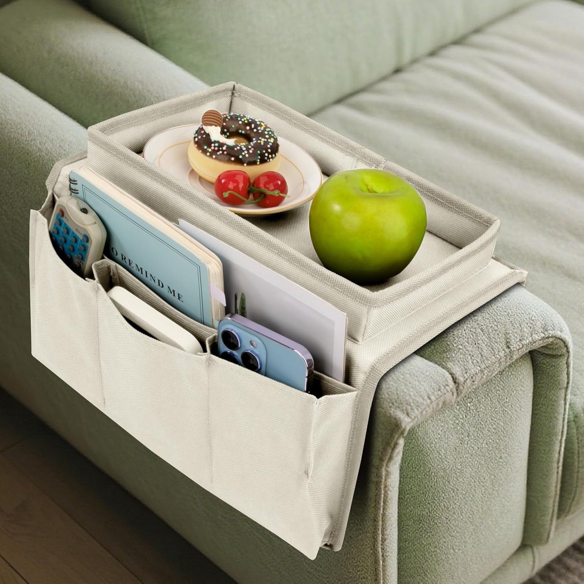 Armsteun organizer, ruimtebesparende bank fauteuil, antislip opbergtas tv afstandsbediening houder, met 5 vakken, voor mobiele telefoon, boek, tijdschriften, iPad, snacks, dranken (wit)