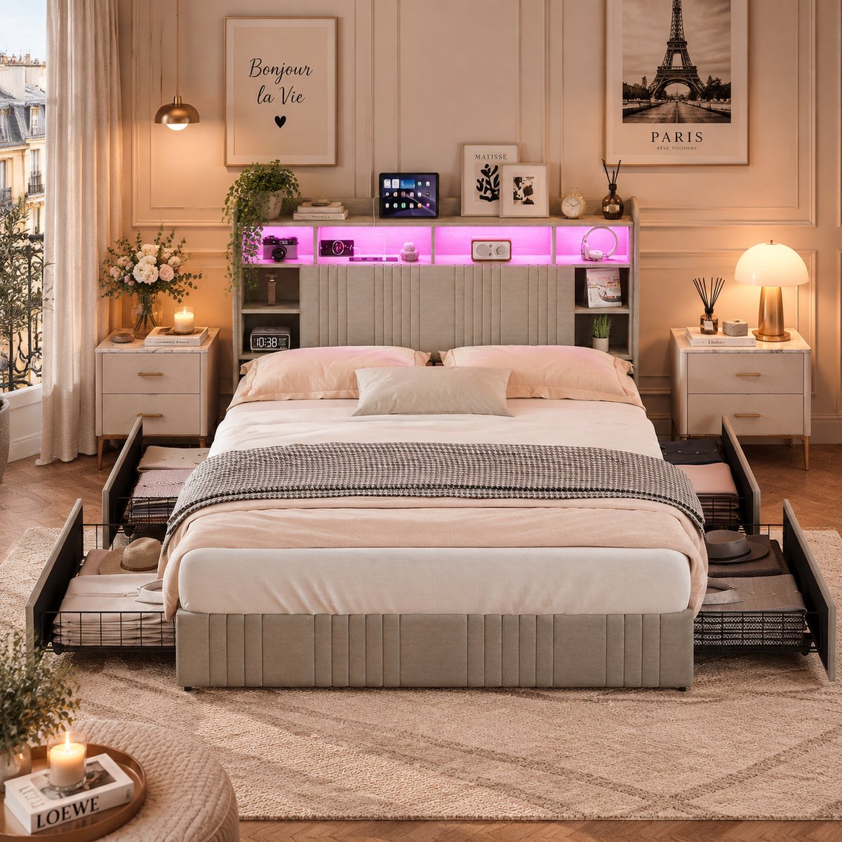 MEXUS Tweepersoonsbed 140x200 cm, Gestoffeerd met ledverlichting en USB-oplaadpoort, opbergruimte met 4 lades en plank in het hoofdeinde, bedframe met lattenbodem, linnen Beige