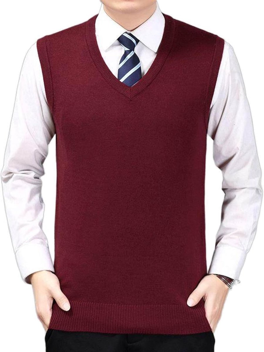 Herfst En Winter Herenvest Met V-Hals Pullover Trui, Jeugd Mouwloos Herenvest Effen Kleur Gebreid Truivest, Klassiek Zakelijk Heren Breigoed Gebreid Vest Trui Tanktops, Wijnrood, S