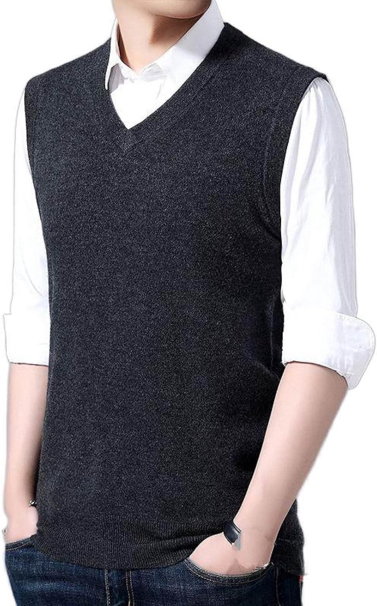 Effen Zakelijk Herenvest Met V-Hals, Herfst En Winter Mouwloze Trui Voor Heren, Gebreid Vest, Papa'Skleding Van Middelbare Leeftijd, Heren Gebreide Trui Tanktops, Donkergrijs, S