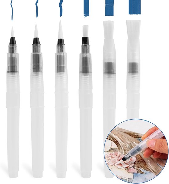 6 stuks aquarelpenselen met vulbare houder, watertankpenseel, waterstift, waterverfstiften, professionele nylon penselen, afmetingen 15,5 cm, voor schilderen op reis, licht en duurzaam — afbeelding 5