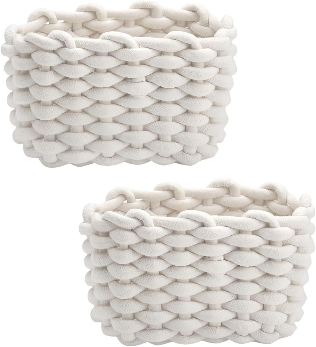 Set van 2 opbergmanden van katoenen touw, vierkante opbergmanden voor baby's, opbergmanden, geschikt voor slaapkamer, woonkamer (wit)