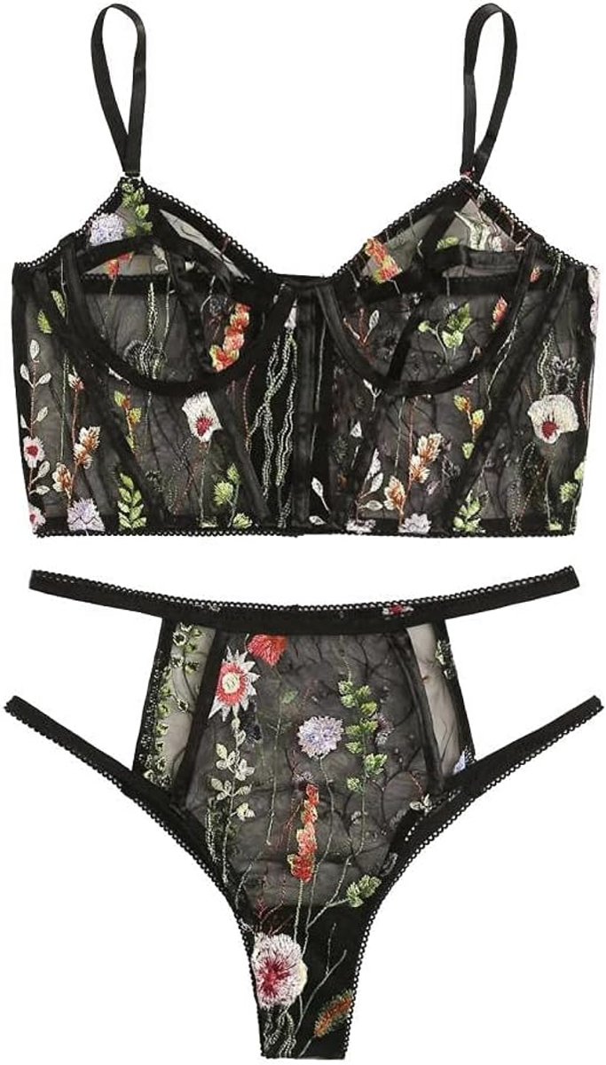 Kleding Lingerie Vrouwen Intieme Ondergoed Set Bh en Slips Riem Geborduurde Mesh Sexy Lingerie