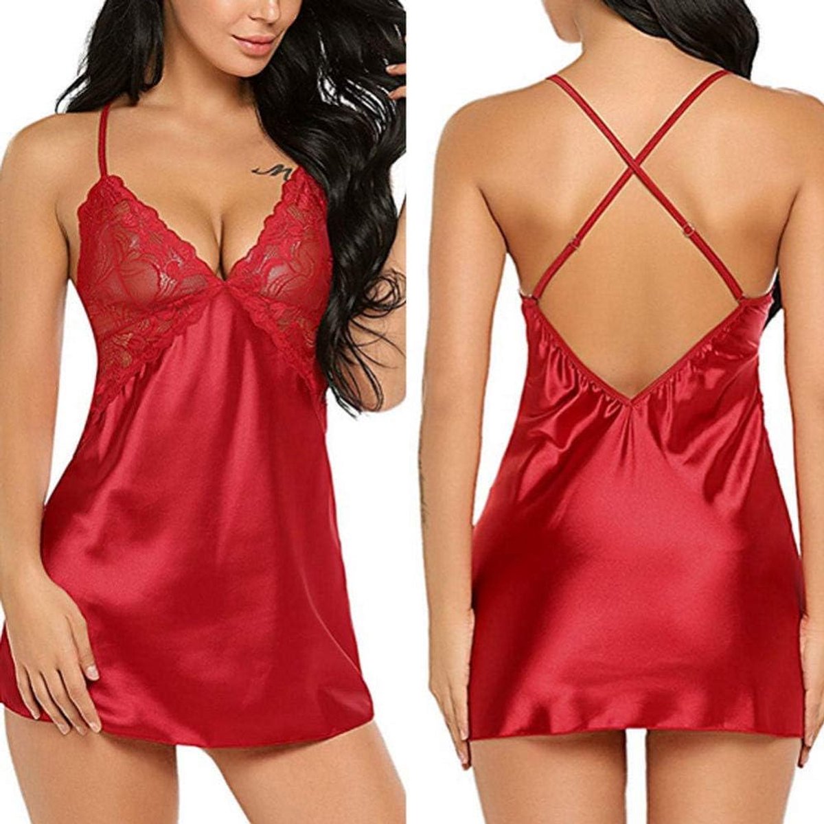 Dames Satijnen Zijden Kanten Pyjama Sexy Ondergoed-Red_XL