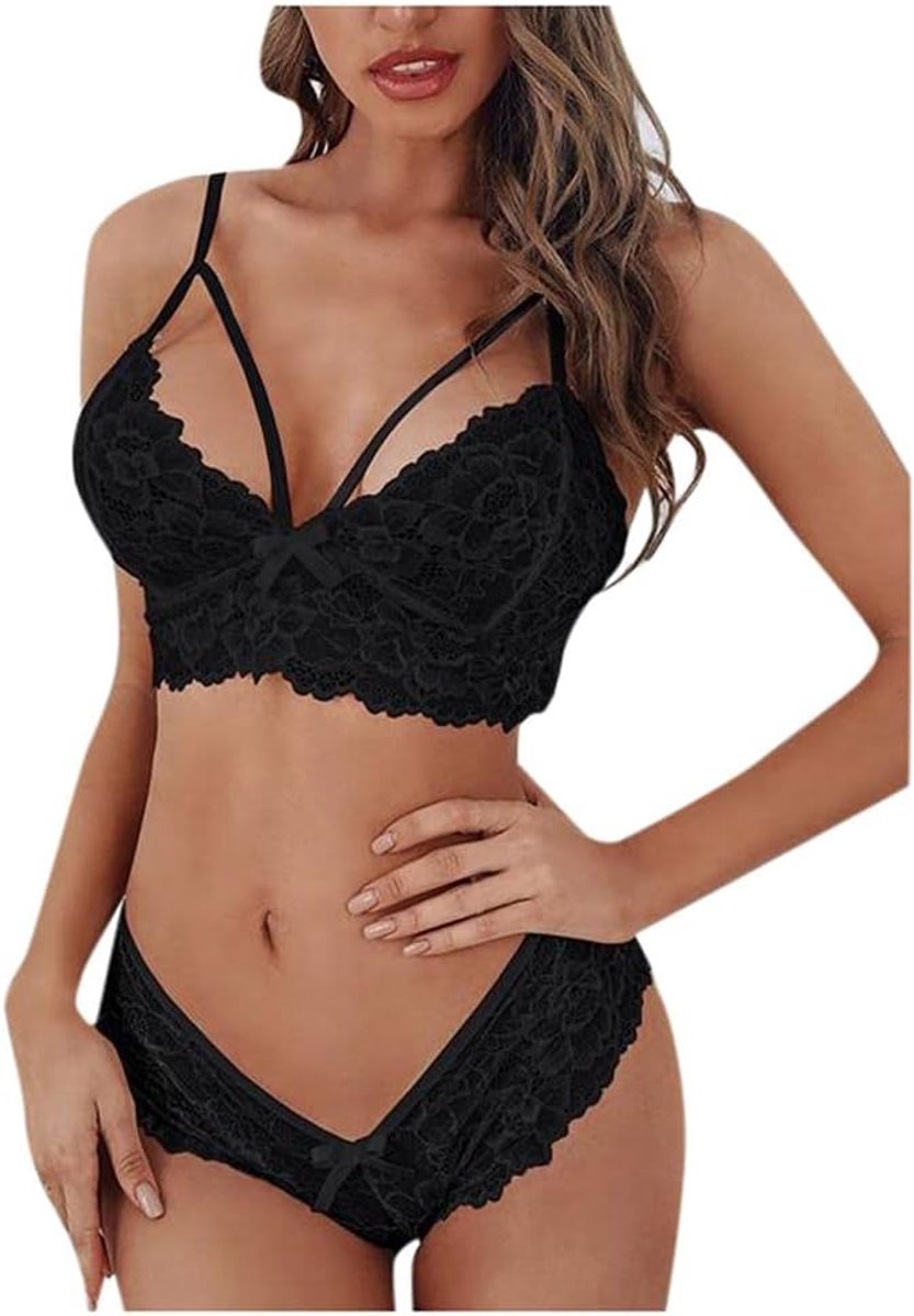 Dameskleding See Through Lace Lingerie Dames BH Slips Sexy Lingerie Set Borduurkostuums-Black_3XL