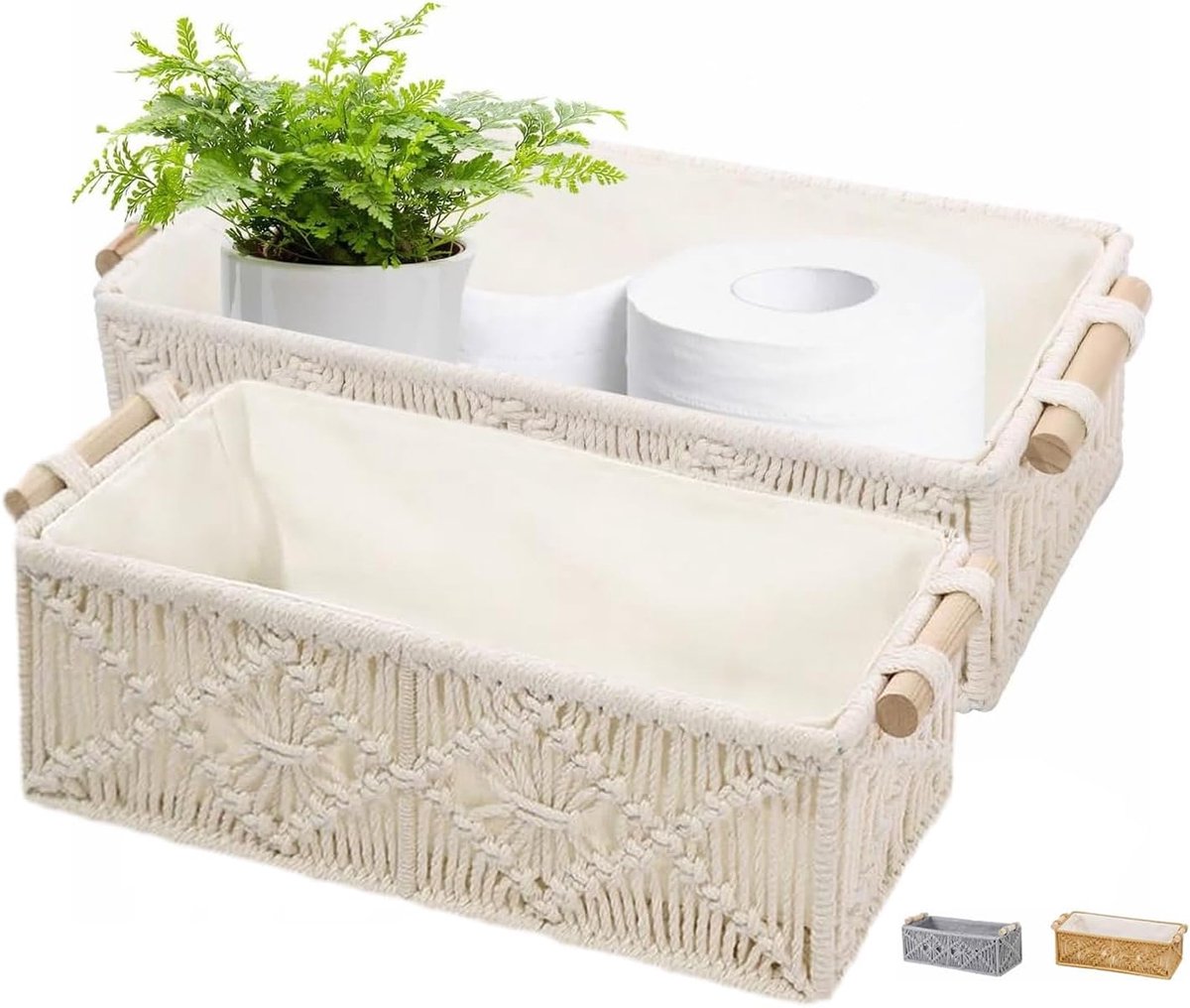 2 gevlochten opbergmanden, Boho decoratieve mand gevlochten met handvatten, handgemaakte macramé mand gemaakt van katoenen touw, kleine voor decoratie, geschenkmand, broodmand (Wit) (Wit)