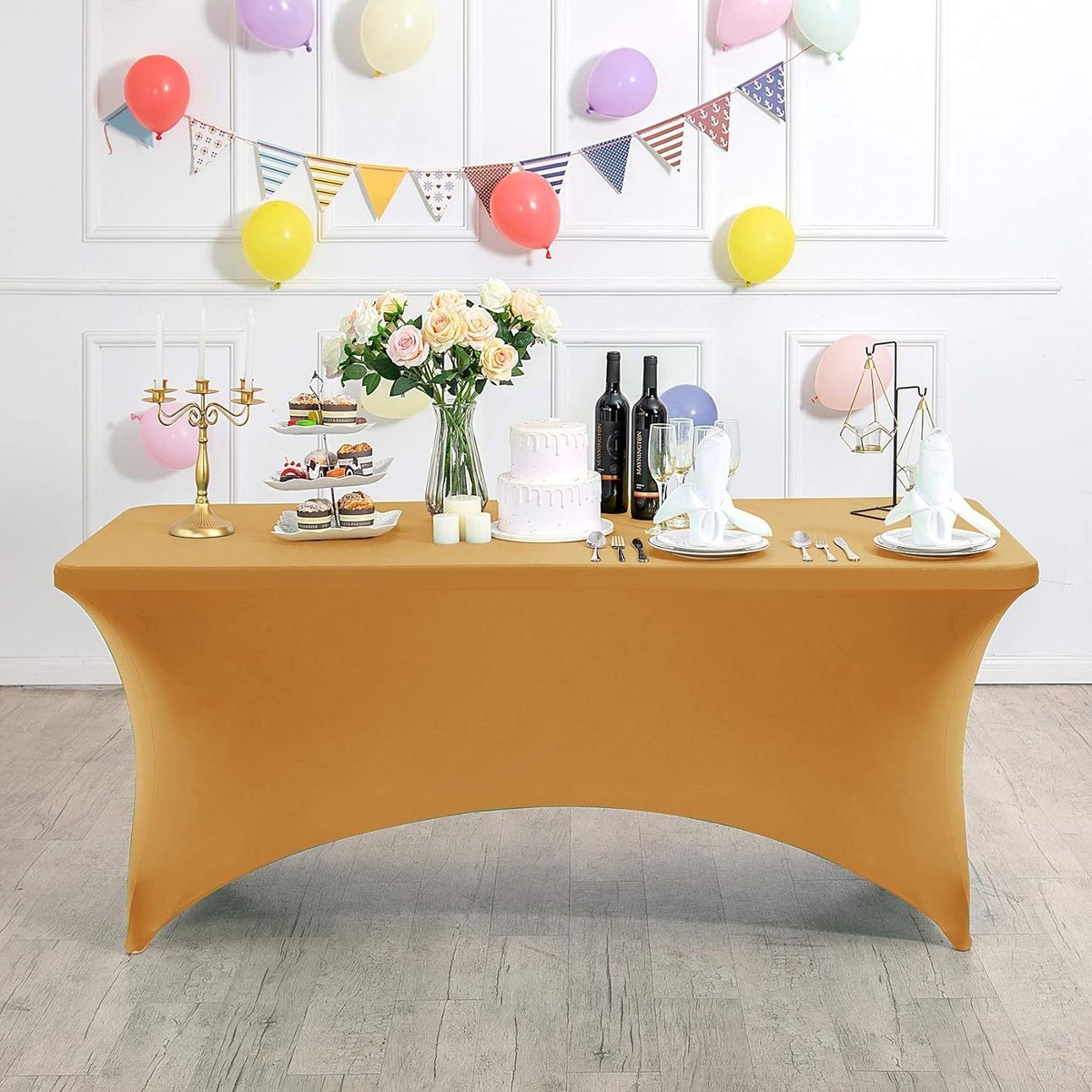 Rechthoekig, rekbaar en vlekbestendig tafelkleed, waterdicht, wasbaar en rekbaar, geschikt voor het decoreren van terrassen, keukens, bruiloften, verjaardagen, feesten, picknicks en andere gelegenheden,Goud - 183 x 76 x 76 cm (6 voet)