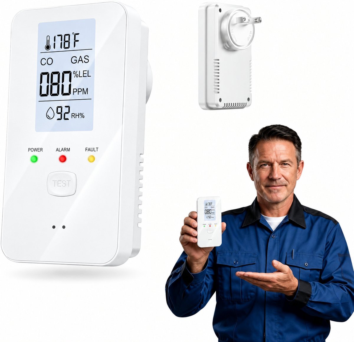 Koolmonoxidemeter – Groot display – Draagbare, multifunctionele 4-in-1 CO-detector voor binnen – Geschikt voor thuis, op kantoor en buitenshuis – Goed afleesbaar – 85 dB-alarm met knipperlicht – Wit – 1 stuk