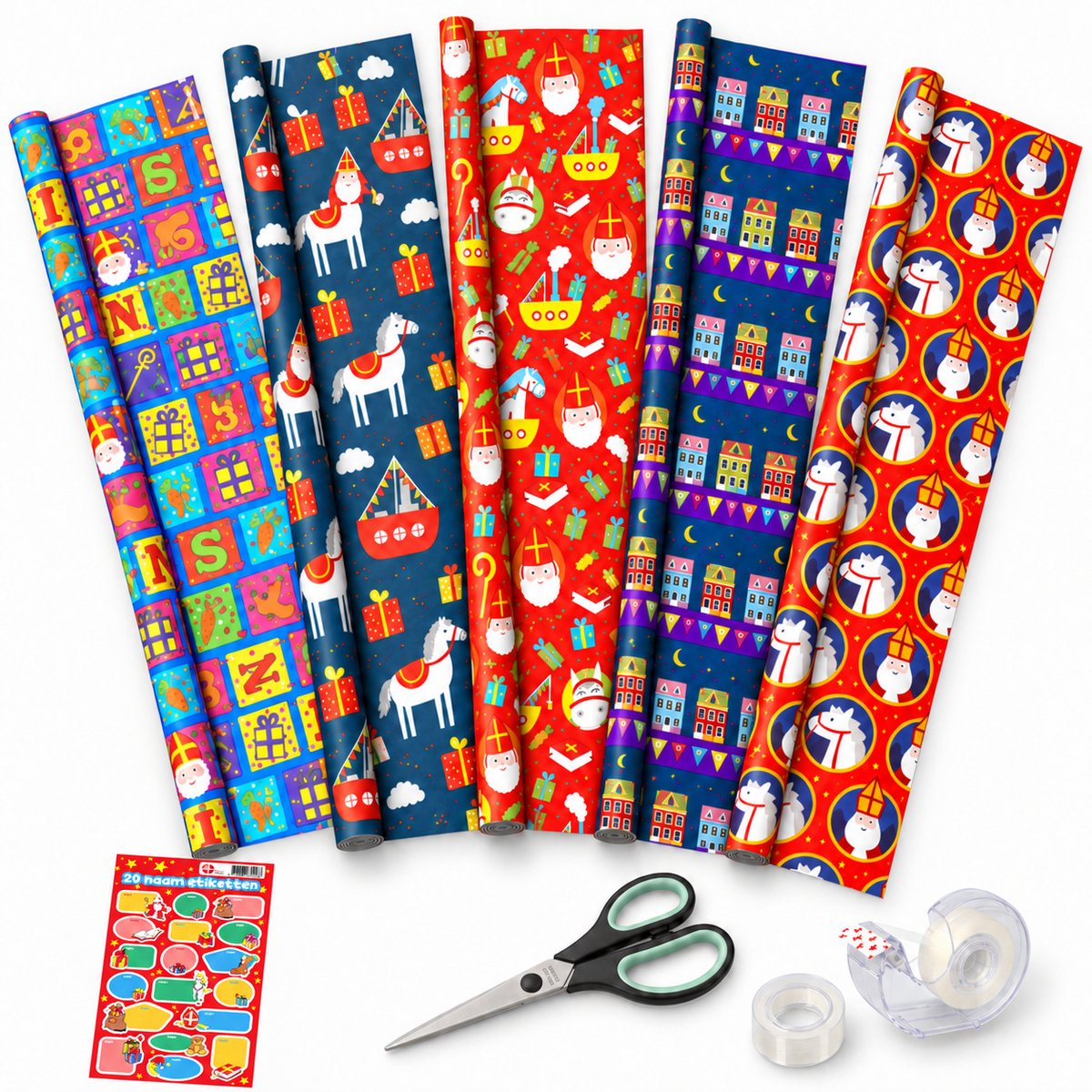 Benza – Sinterklaas Inpakpakket – 5 Rollen Cadeaupapier 70 x 500 cm – 20 Naametiketten – Schaar – Plakbandhouder met 2 Rollen Plakband