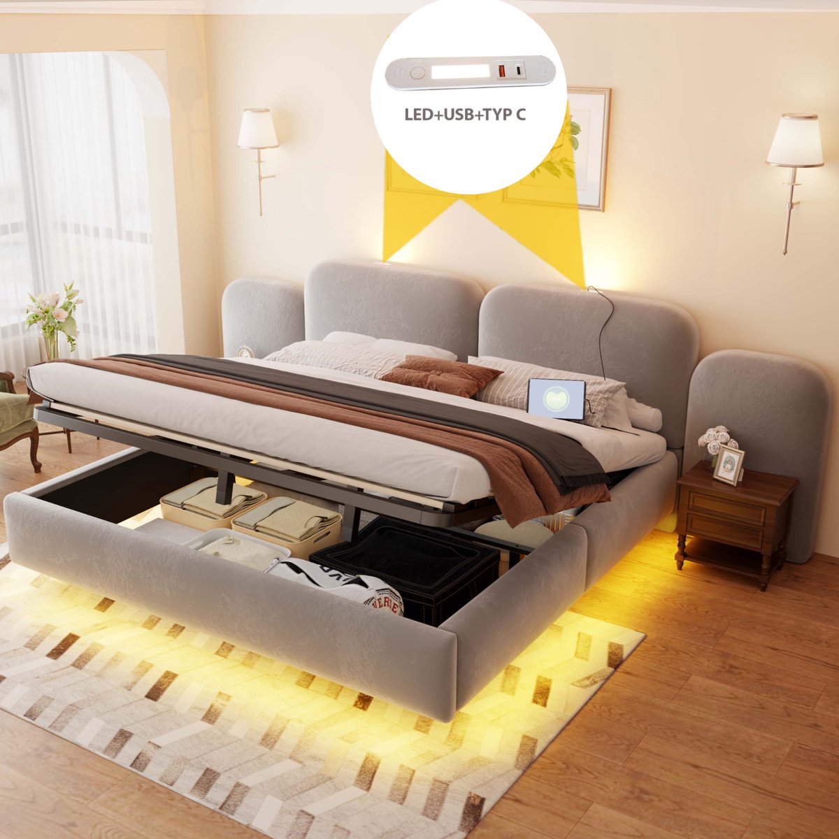 MODENUIT Bed – 180 x 200 Cm – Hydraulische Opbergruimte Met RGB-Ledverlichting – Velours – Grijs – Laadpunten