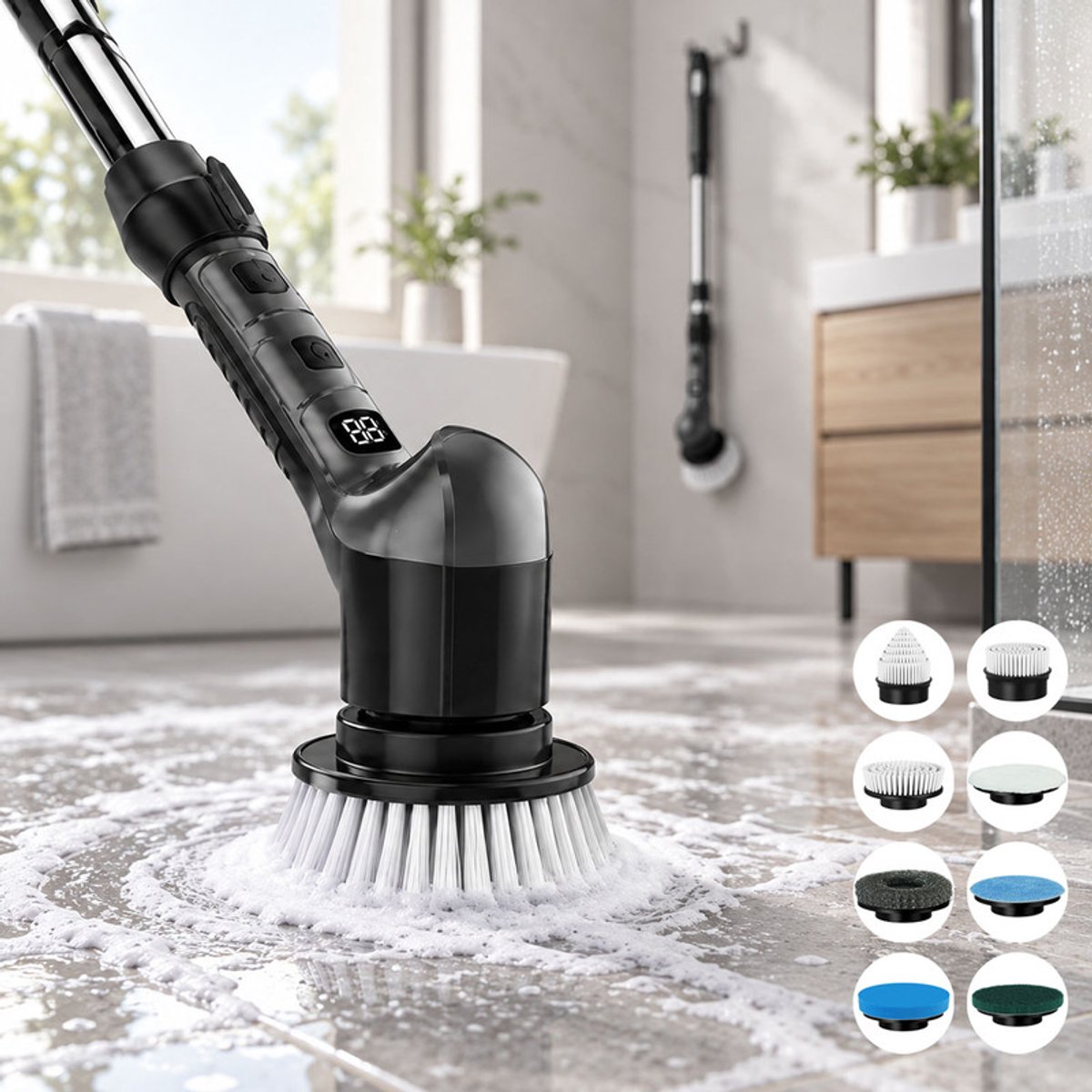 Rosnek Elektrische Schoonmaakborstel - Schrobborstel met Steel voor Badkamer - 3 Snelheden 280/330/380 RPM - 8 Opzetborstels - USB-C Oplaadbaar - Uitschuifbare Reinigingsborstel - Zwart