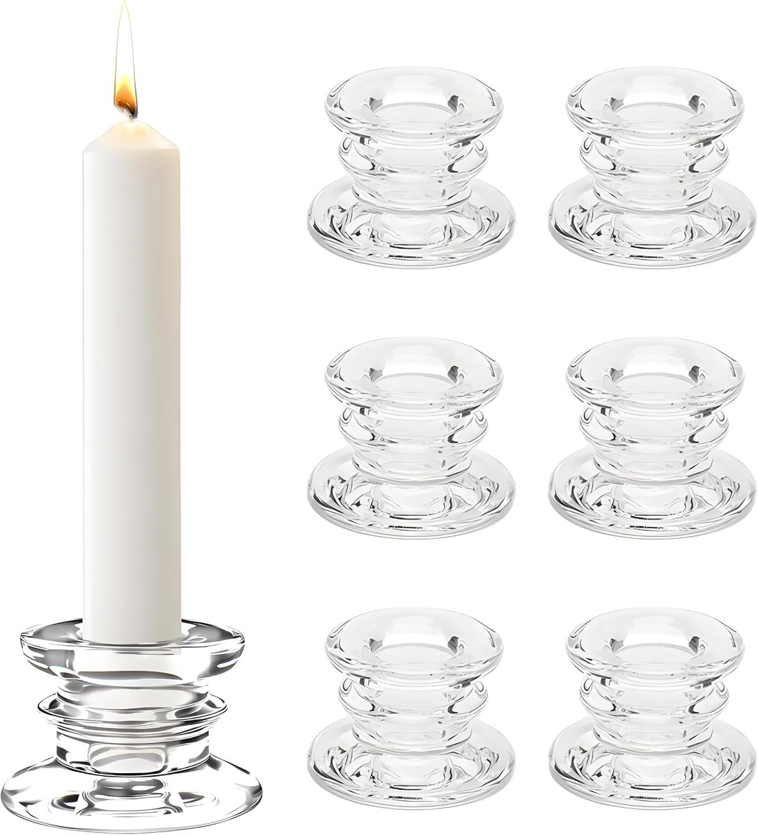 6 stuks glazen kaarsenhouders voor staafkaarsen, kleine staafkaarsenhouder voor tafeldecoratie, staafkaarsenhouder voor feest, bruiloft, verjaardag, jubileum, woon- en slaapkamerdecoratie