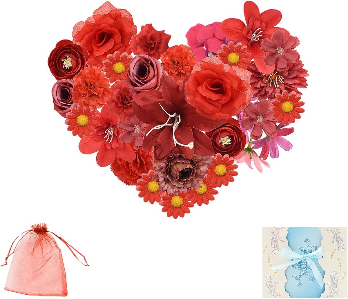 40 stuks kunstbloemkoppen voor decoraties, mini decoratieve Bloemen voor bruidsboeket, wandbord, bruiloftsfeest, slinger, scrapbooking, huis (Rood)