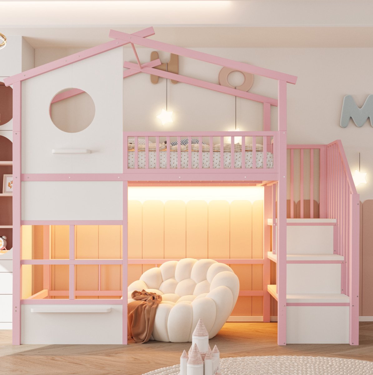 MODENUIT Hoogslaper – 90 x 200 cm met LED-Verlichting – Metaal en MDF – Roze en Wit – Opbergtrap – Huisvormig