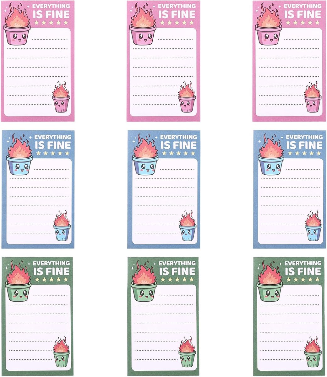 9st Schattige Dumpster Fire Sticky Notes, 9x5,5cm Pop Up Memo Pads Alles is Goed Grappige Bureau-Accessoires voor Vrouwelijke en Mannelijke Collega