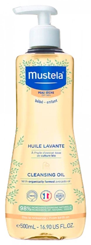 Mustela reinigingsolie voor de droge babyhuid met biologische avocado-olie, 500ml.