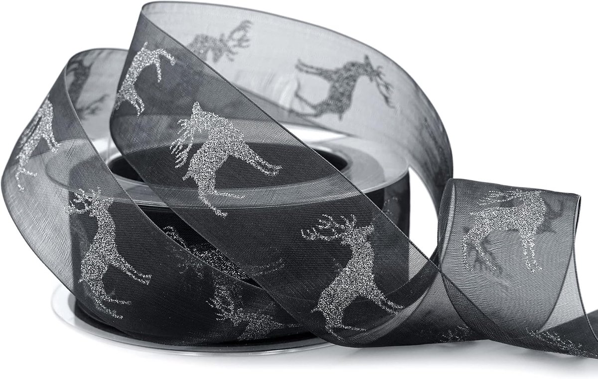 20 m x 40 mm chiffonband HIRSCH zwart zilver cadeaulint glanzend decoratief lint transparant chiffon lint stoffen lint decoratie geschenkverpakking glitter band herfst winter Kerstmis advent