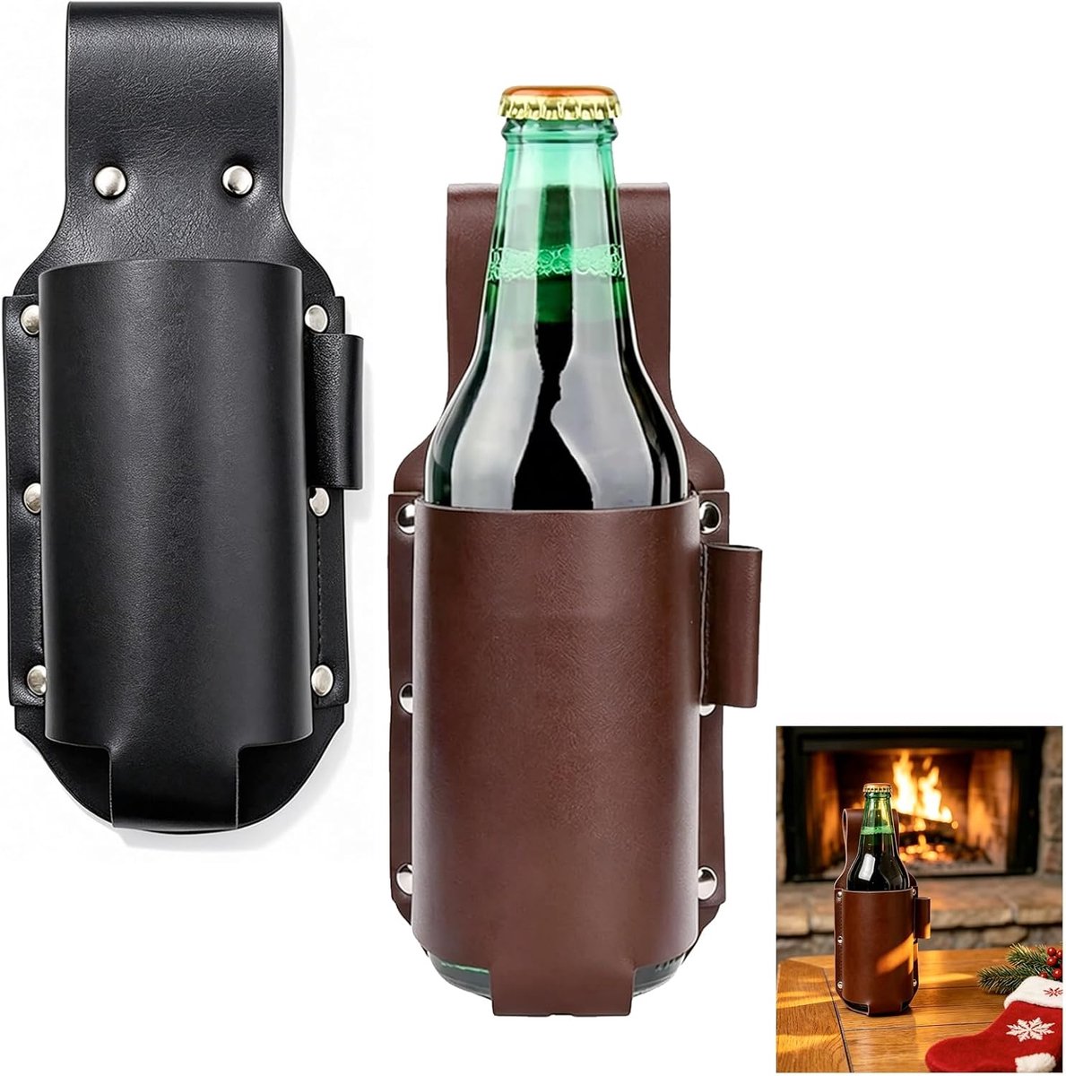 2 stuks, 21,5 x 8,5 cm, koffiebruin, zwart, voor bierflessen, van leer, bierriem, flessenhouder, voor vrije handen op feestjes, barbecues, camping