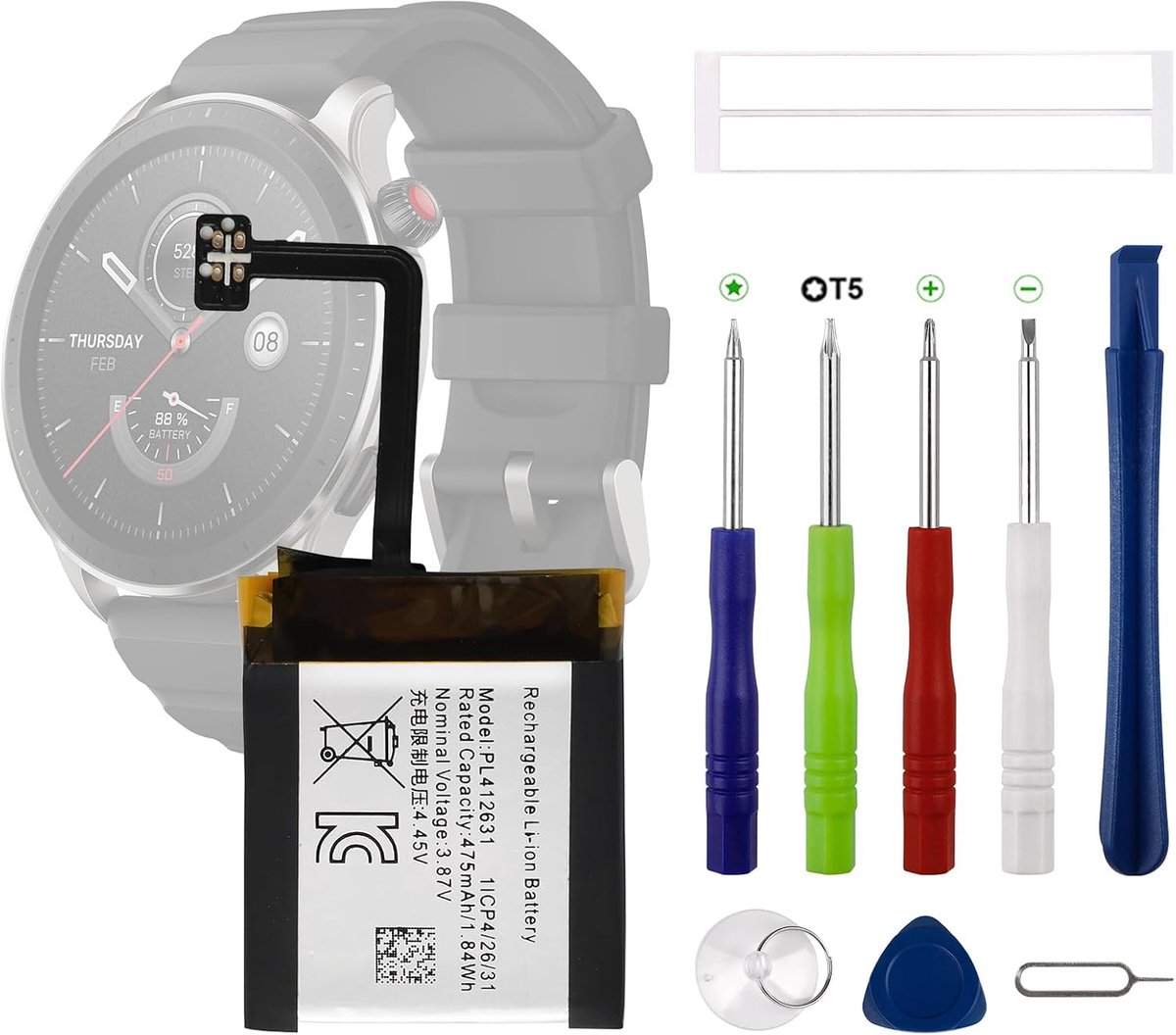 PL412631 reservebatterij compatibel met Amazfit GTR 4 Smartwatch reservebatterij met bijgewerkte reparatiegereedschapsset