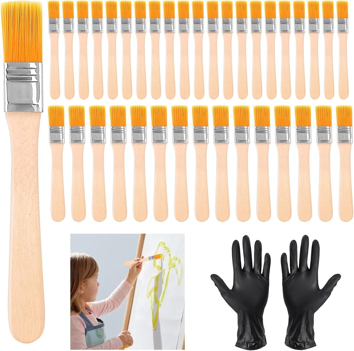 Kwasten met Houten Handvat Set, Verfkwasten 12 cm en 13 cm Lang, Verfkwasten met 4 Zwarte Handschoenen, Professioneel Houten Handvat Verfkwast voor Fresco, Stainen, Vernissen