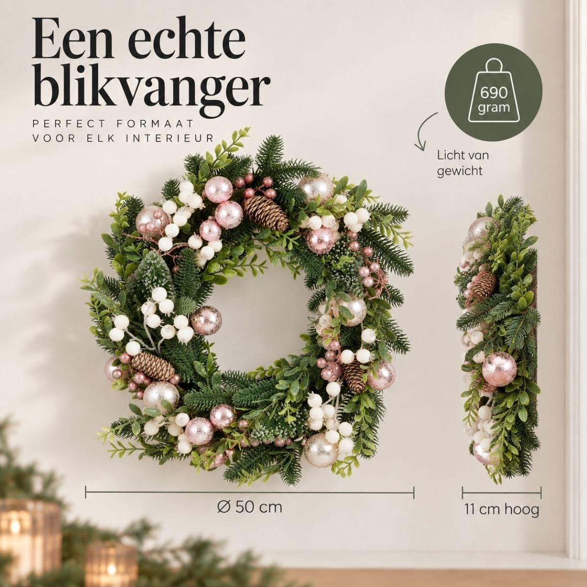 Mica Decorations Rosalie Kerstkrans Roze met Groene Dennentakken - Kerstkrans met Roze en Witte Kerstballen - Decoratieve Krans voor Deur, Muur of Tafel - H11 x Ø50 cm – foto 4