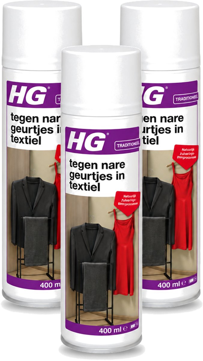 3 x HG - Tegen Nare Geurtjes In Textiel - Natuurlijk Zuiveringsproces - Veilig Voor Alle Textiel - 400 ml - Voordeelverpakking - 3 stuks