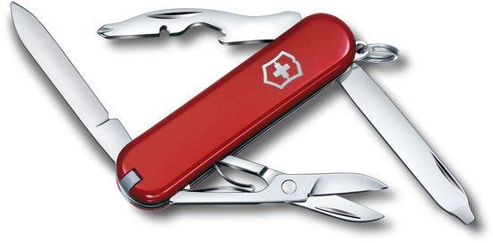 Open rood Victorinox zakmes met mes, schaar, flesopener en schroevendraaier. Victorinox logo op de schaal.