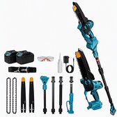 2-in-1 Draadloze Mini Kettingzaag met Telescopische Verlengstok, 1300W Borstelloze Motor, 8 Inch Zaagblad, 2x 21V 4000mAh Accu, Automatische Kettingsmering, 180° Draaibare Kop, Tot 4 m Bereik, Incl. 2 Kettingen