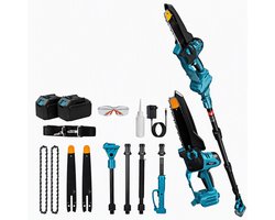 2-in-1 Draadloze Mini Kettingzaag met Telescopische Verlengstok, 1300W Borstelloze Motor, 8 Inch Zaagblad, 2x 21V 4000mAh Accu, Automatische Kettingsmering, 180° Draaibare Kop, Tot 4 m Bereik, Incl. 2 Kettingen
