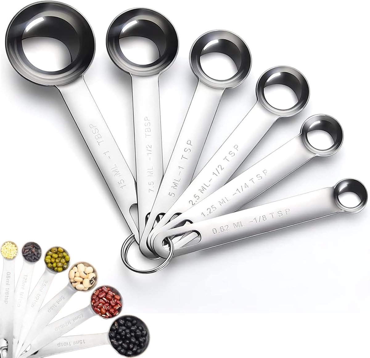 Set van 6 maatlepels, roestvrijstalen maatlepels, ronde doseerlepel, voor het meten van droge en vloeibare ingrediënten, 6 maten