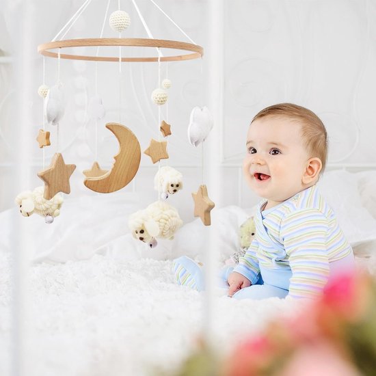 Schaap Babybed Mobiel - Windspel Met Wolken, Maan, Ster - Beige Boho Bedbel - Babyspeelgoed Voor Meisjes of Jongens — afbeelding 5