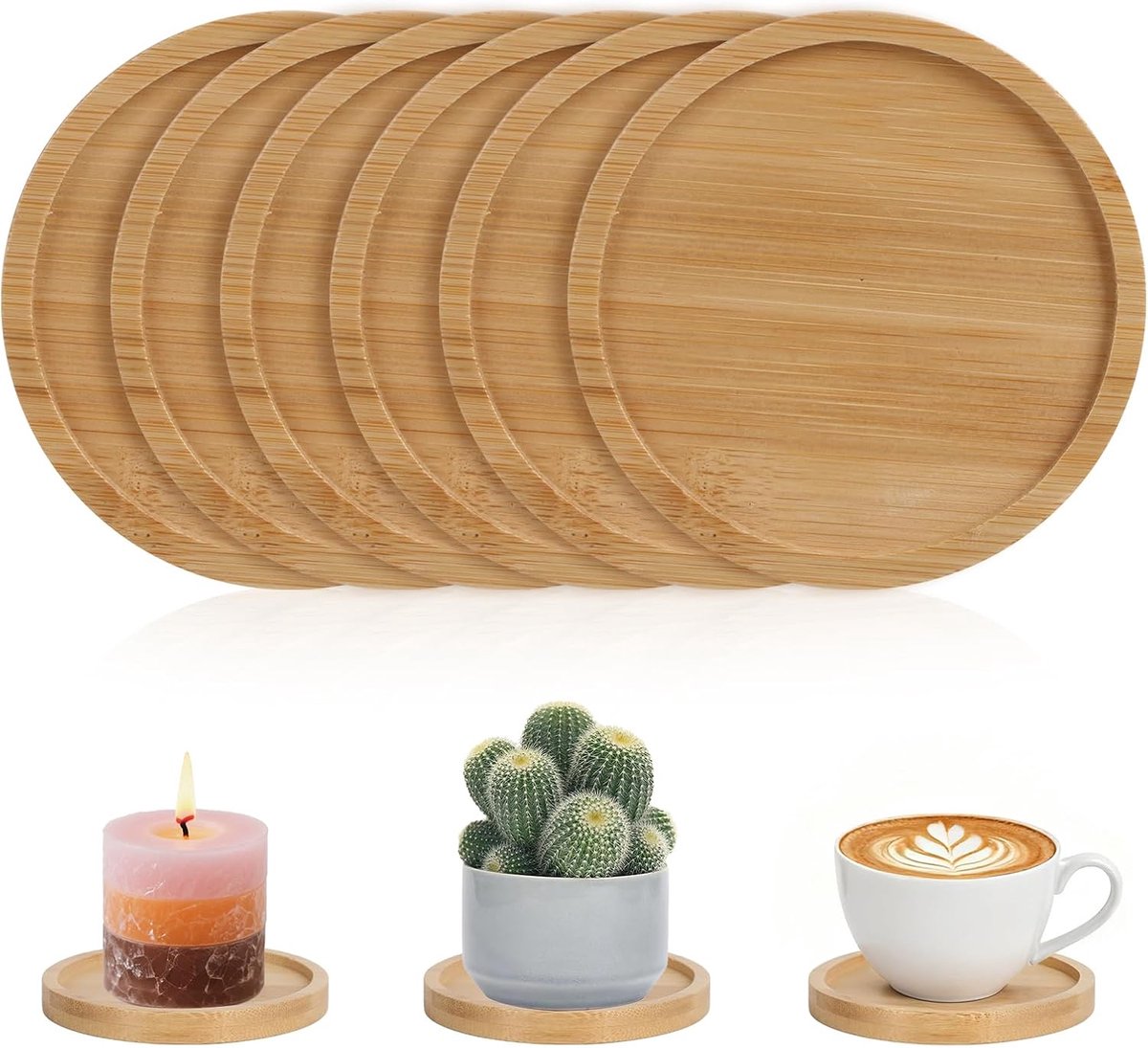 Kaarsenbord, multifunctioneel, herbruikbaar, decoratie, 6 stuks, bamboe onderzetters, diameter 8 cm, onderzetters voor feestdecoratie, bruiloftskaarsen, onderzetters, kaarshouders voor kopjes