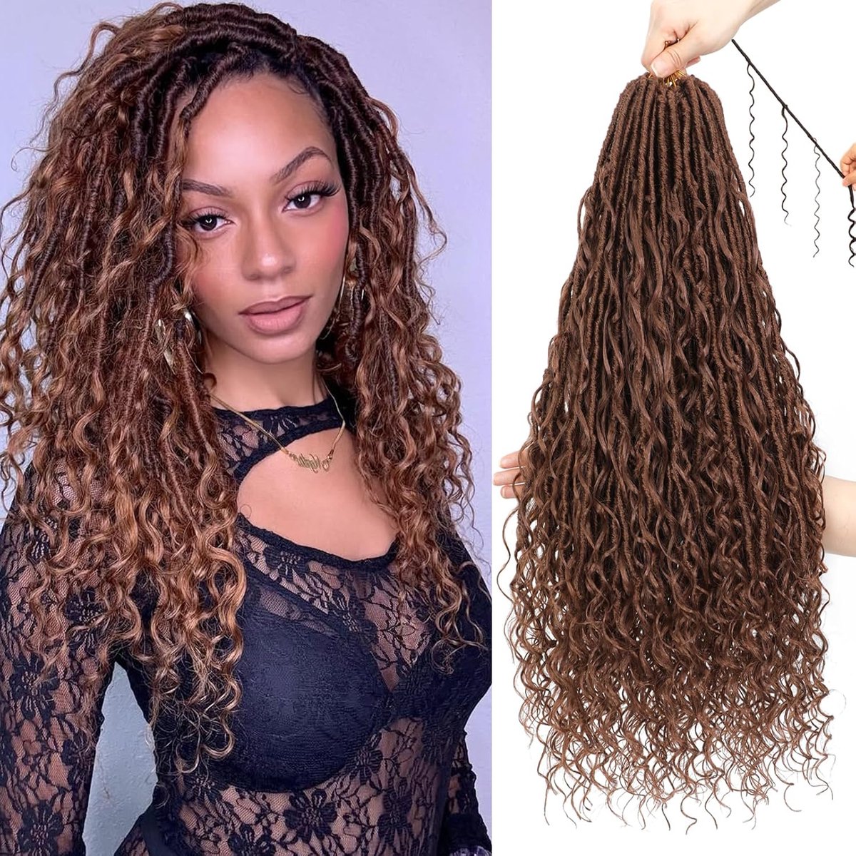 Haarextensies met gehaakte Boho Faux Locs met krullende uiteinden, voorgekruld, bohemien stijl, River Locs, voor zwarte vrouwen (30#, 45,6 cm (set van 8))