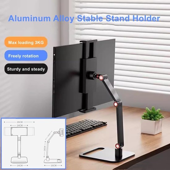 Monitorhouder voor 12-17,3 inch scherm, metalen standaard, 16 inch, universeel, uitbreidbaar display, 12,9 inch tabletstandaard, verstelbaar, 360 graden draaibare monitor, — afbeelding 5