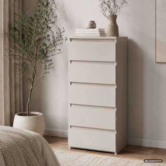 Taupekleurige ladekast met vijf lades in een lichte slaapkamer met een plant ernaast.