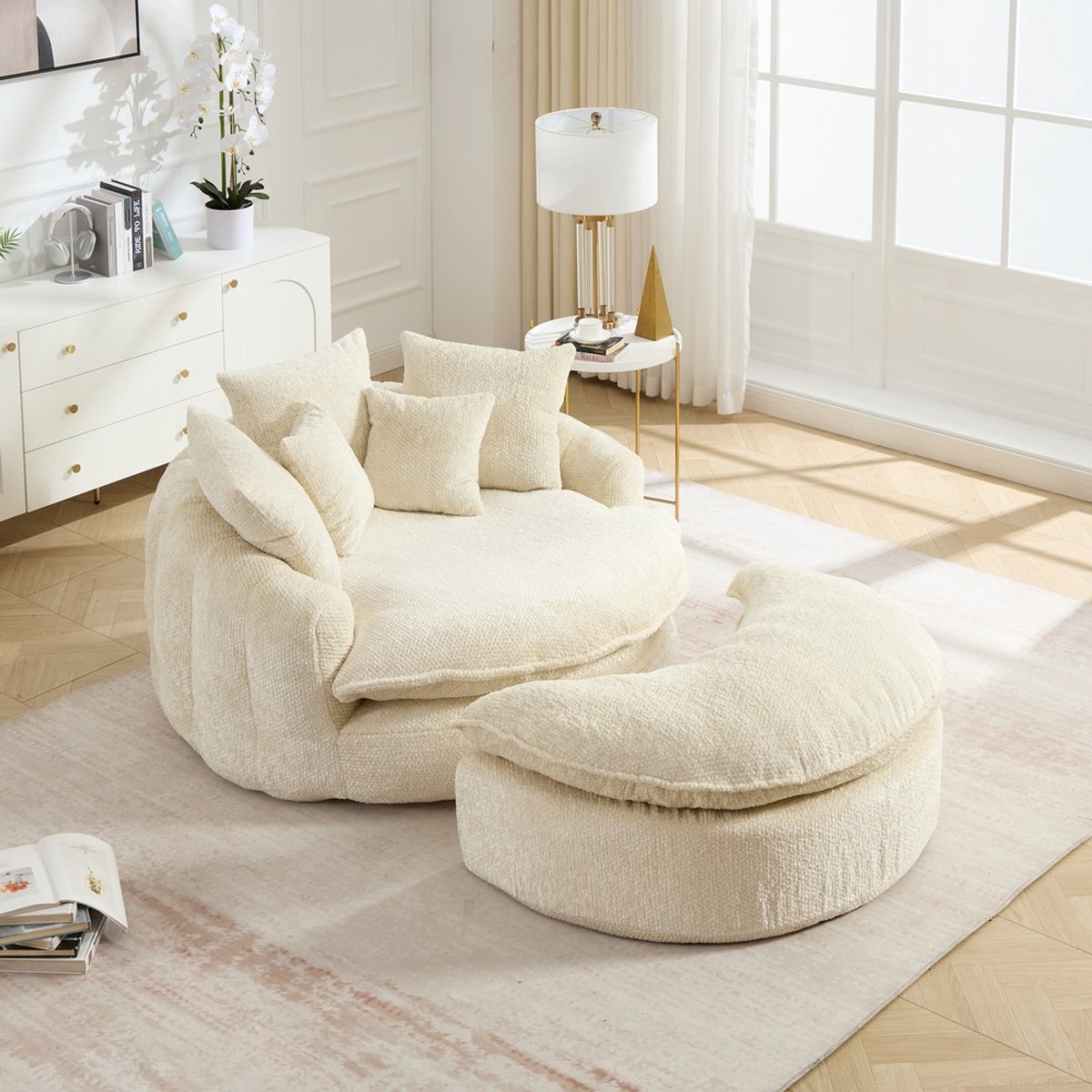 KOMHTOM 55 inch lange fauteuil van polyesterschuim, oversized ronde stoel, zachte moderne slaapbank, geschikt voor de woonkamer, lounge en filmzaal, brede fauteuil met verstelbare rugleuning, inclusief kussen Beige