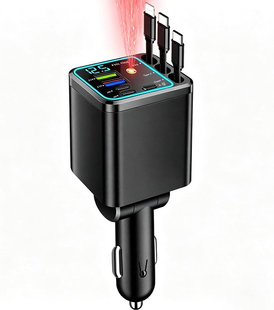 102W 7-in-1 Auto Oplader - 3 Uittrekbare Kabels - USB-C Snellader - RGB Sterrenlicht - Slim Spanningsdisplay - Geschikt voor iPhone 14/15/16/17/18 , Samsung Galaxy S26 & Google Pixel 10