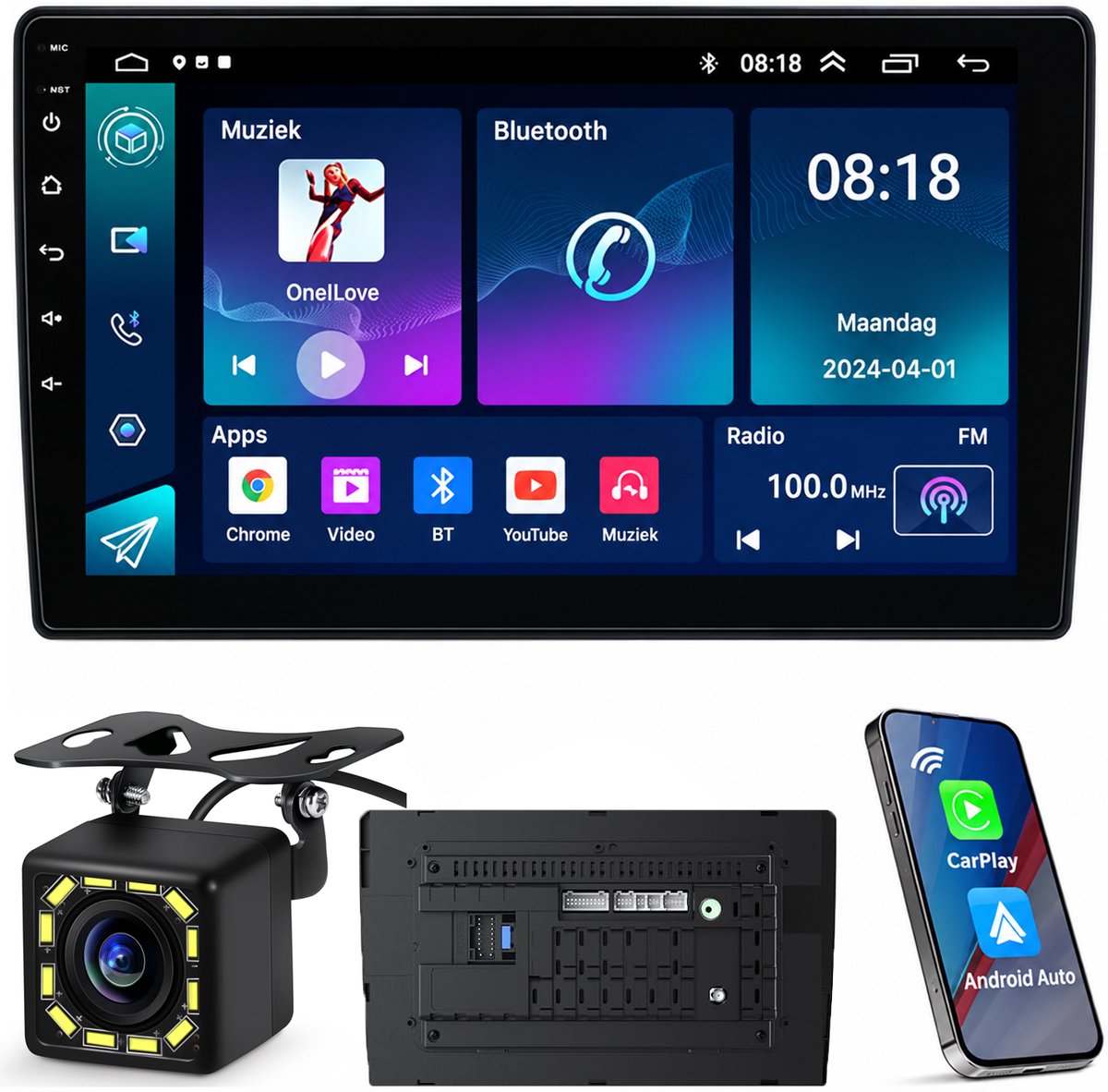 KZQ Autoradio 2Din - 10.1 Inch IPS HD Touchscreen - Android 15 - Apple Carplay & Android Auto Draadloos - 6+128GB - GPS Navigatie - Carkit - Bluetooth WiFi MP5 - Zwart
